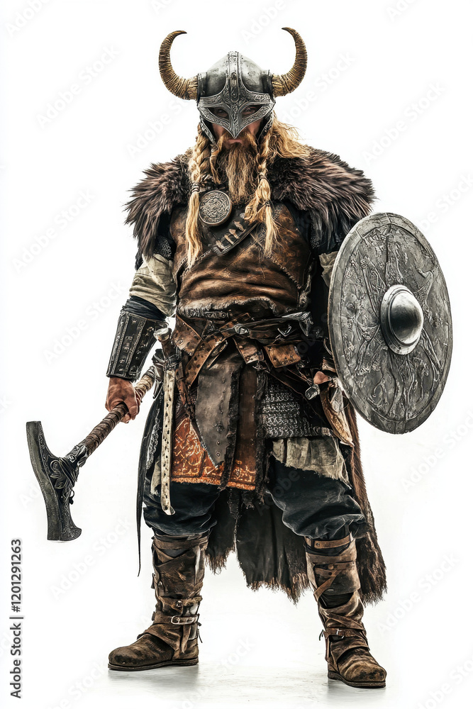 Male Viking warrior in traditional armor with horned helmet, shield, and axe against a white background. Male Viking warrior in traditional armor with horned helmet, shield, and axe against a white background.