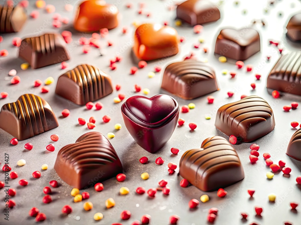 Delicious chocolate pralines and hearts dance on a vibrant Valentine's Day background. Delicious chocolate pralines and hearts dance on a vibrant Valentine's Day background.