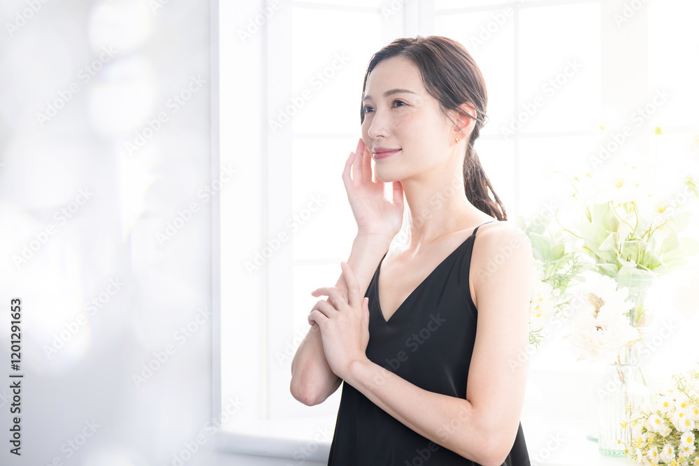 Beauty skin care bare skin feeling beautiful woman spring summer like image upper body profile Beauty skin care bare skin feeling beautiful woman spring summer like image upper body profile