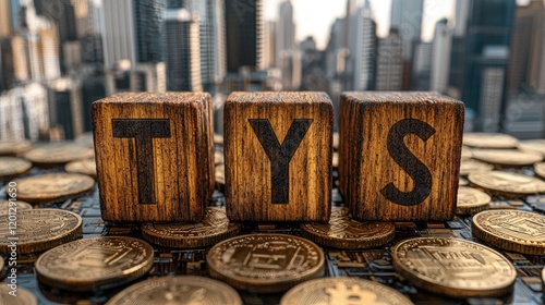 Wooden blocks spell out the acronym TYS against a backdrop of gold coins and a city skyline photo