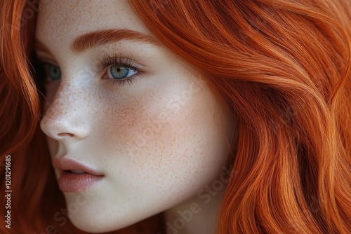 Striking close-up of a young woman with vibrant red hair and captivating gree...