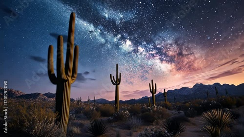 Majestic desert night sky filled with stars over cacti and mountains in Arizona