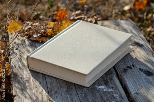 Cozy autumn reading with warm drinks and seasonal fruits on a rustic bench