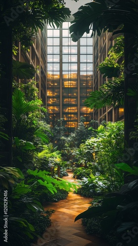 Indoor garden with lush greenery and glass walls in a modern building during ...