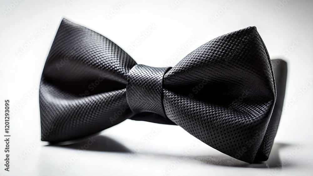 Elegant black bow tie, minimalist close-up. White backdrop highlights its refined detail. Elegant black bow tie, minimalist close-up. White backdrop highlights its refined detail.