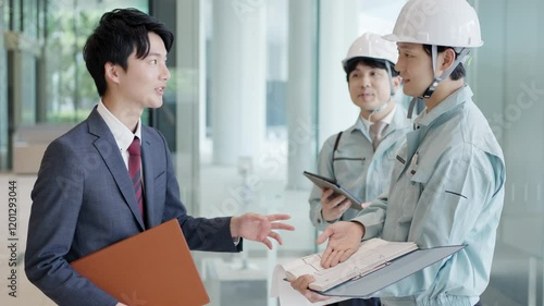 クライアントと打ち合わせをする作業服を着た男性