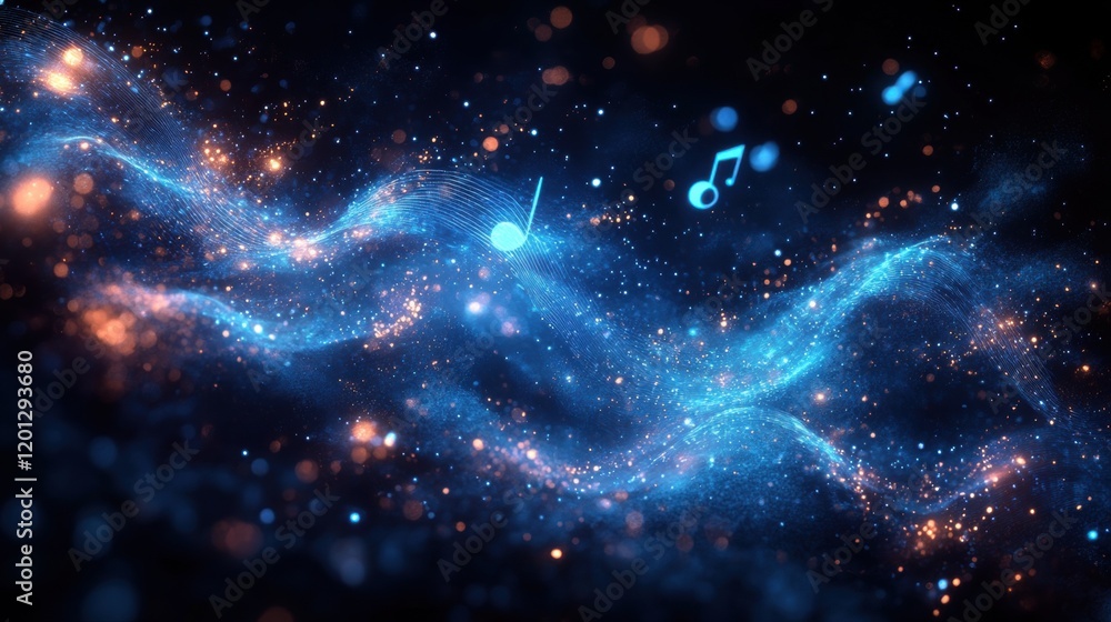 Abstract musical wave with glowing notes: futuristic audio visualization concept Abstract musical wave with glowing notes: futuristic audio visualization concept