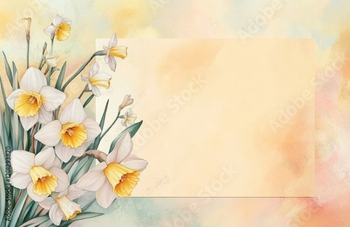 watercolor illustration of a large copyspace for a note with small white and daffodil flowers on the left side on a soft pastel background with a hint of floral pattern. photo