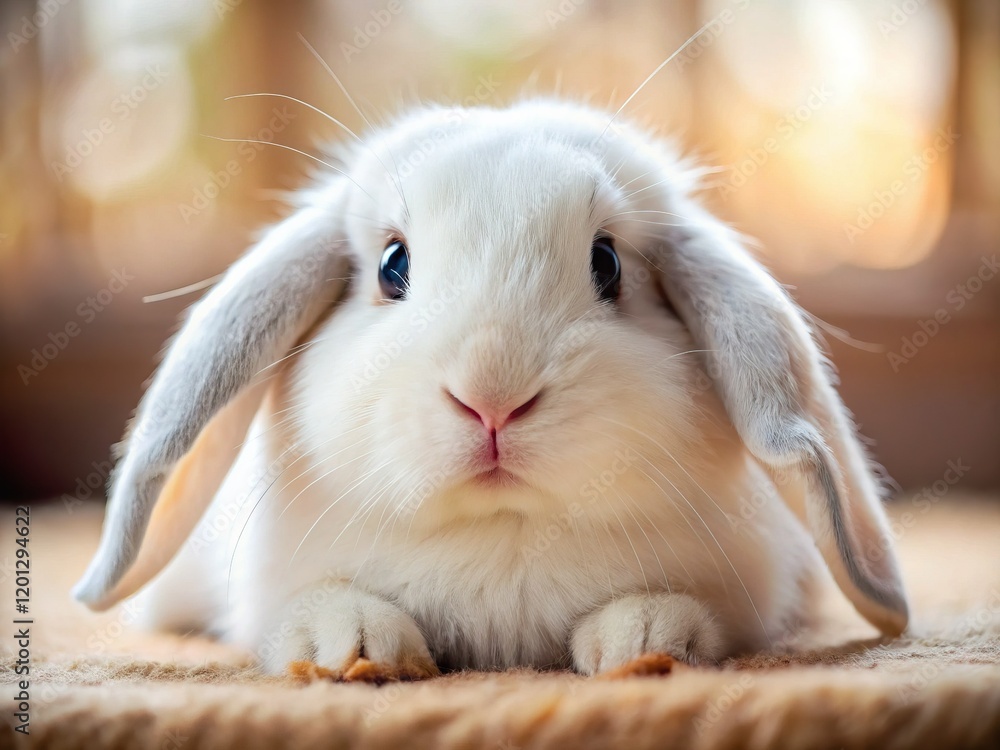 Adorable White Lop-Eared Bunny Relaxing Indoors – Charming Pet Portrait Adorable White Lop-Eared Bunny Relaxing Indoors – Charming Pet Portrait