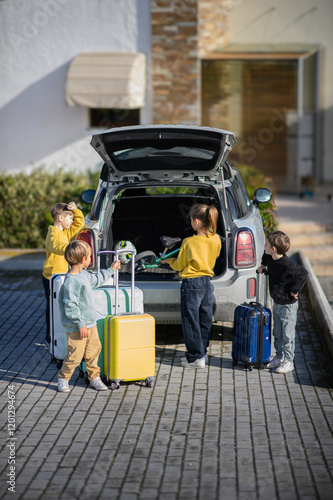 Wallpaper Mural A happy family packs their car for a trip. Children help load luggage, a bicycle, and a scooter into the trunk, excited for their family vacation and outdoor adventure. Torontodigital.ca