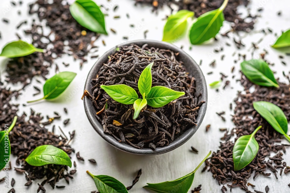 Aromatic Black Tea Leaves on White, Top View - High-Resolution Stock Photo Aromatic Black Tea Leaves on White, Top View - High-Resolution Stock Photo