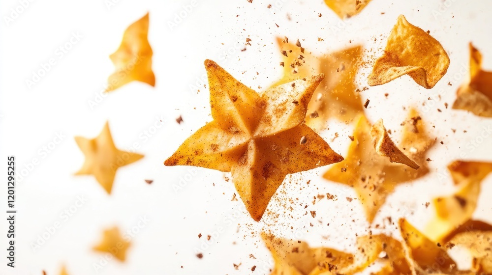 Golden Star Shaped Chips Floating with Spices Against a Light Background Golden Star Shaped Chips Floating with Spices Against a Light Background