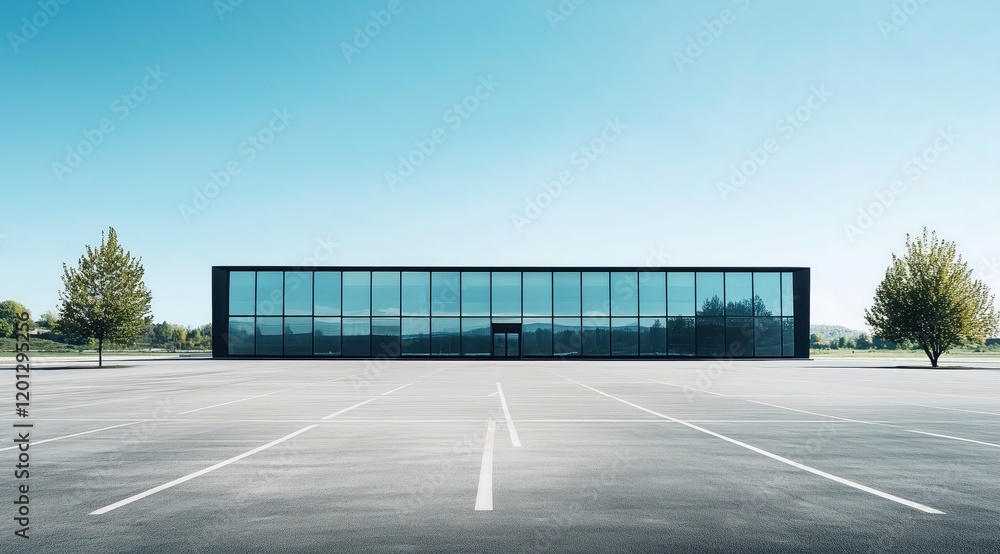 custom made wallpaper toronto digitalModern Glass Building: A sleek, minimalist building with expansive glass walls stands majestically against a clear blue sky. The building is situated in a spacious parking lot.