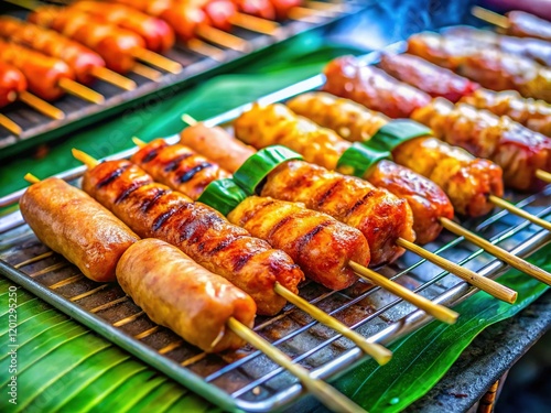 Authentic Thai Sai Oua: Grilled Pork and Rice Sausage Street Food photo