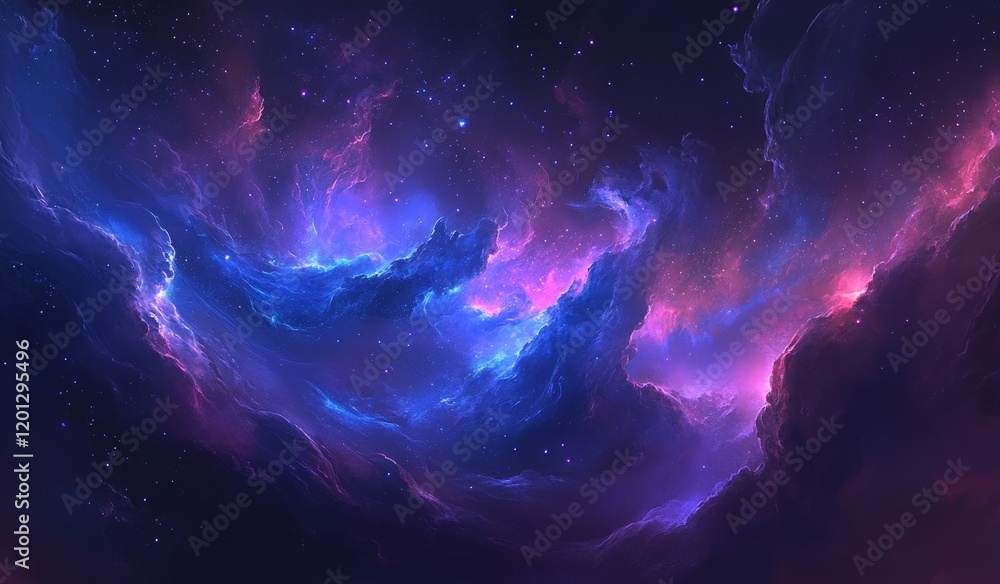 Fototapeta premium Vivid nebula with pink, purple, and blue cosmic clouds and scattered stars.