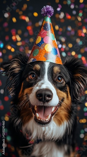 Happy dog celebrating birthday with colorful confetti in a park setting durin...