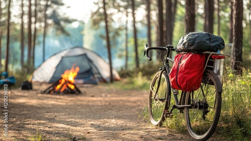 A bicycle with panniers parked near a campsite with a tent and campfire visible in the background