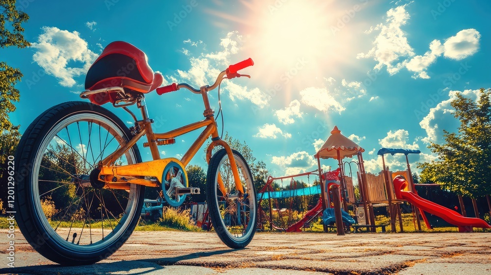 Fototapeta premium A bike with a child seat attached parked next to a playground under a sunny sky