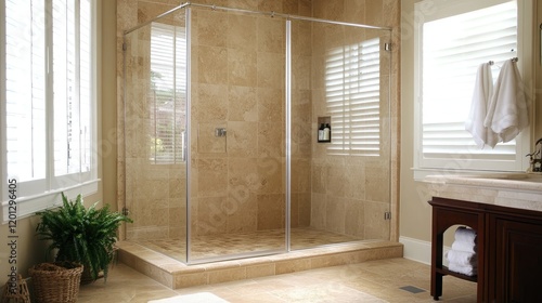 A bright and airy bathroom with a frameless glass shower door and beige stone tiles