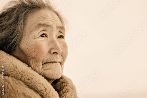 Elderly Wisdom. Close-up sepia portrait of senior Asian woman with weathered face and expressive eyes wearing warm coat.