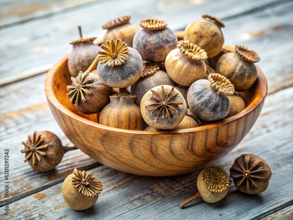 Dried Poppy Heads and Seeds in Bowl, White Background - Stock Photo Dried Poppy Heads and Seeds in Bowl, White Background - Stock Photo
