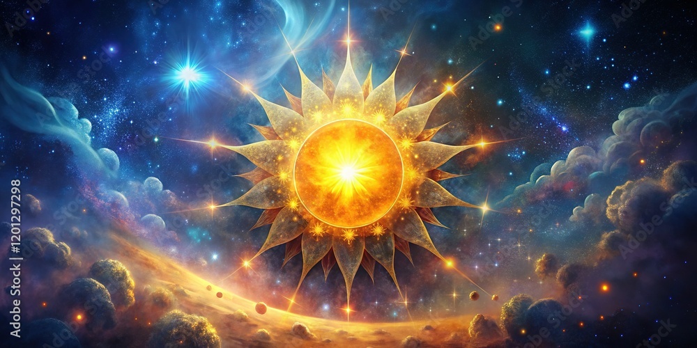 Fototapeta premium Dreamy Ethereal Sun & Stars Silhouette Painting - Celestial Art
