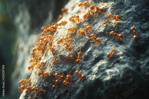 Ants foraging near a rocky crevice during a sunny day in a natural habitat