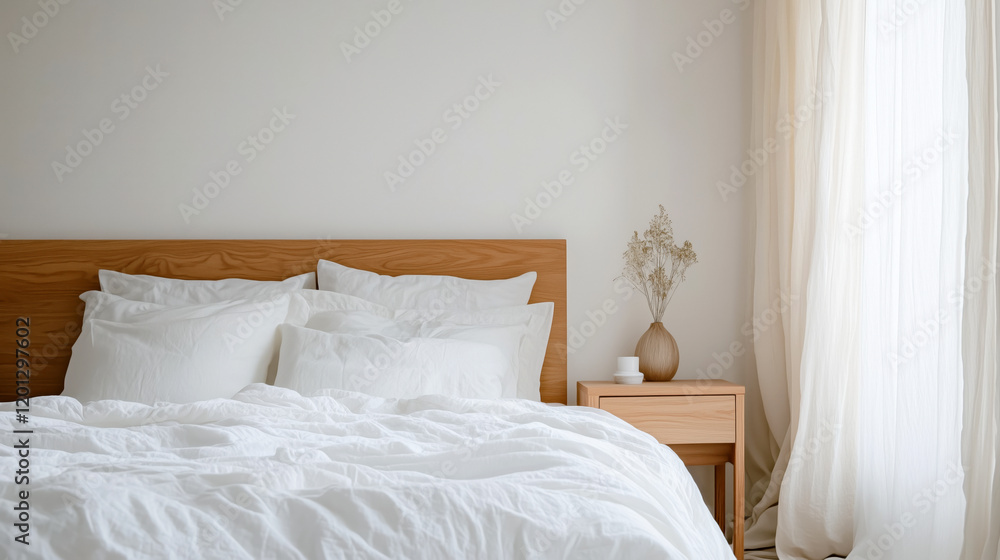 A minimalist bedroom with white bedding, simple wooden furniture, and an uncluttered, peaceful ambiance. A minimalist bedroom with white bedding, simple wooden furniture, and an uncluttered, peaceful ambiance.