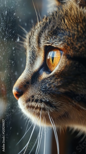 Cat gazing out the window on a rainy day in a cozy home