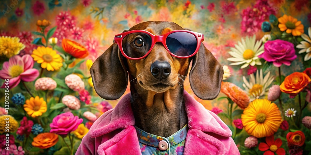 Naklejka premium Glamorous Dachshund in Pink Coat & Sunglasses - Surreal Floral Background