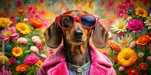 Glamorous Dachshund in Pink Coat & Sunglasses - Surreal Floral Background
