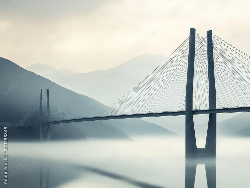 Obraz premium Cable-stayed bridge, misty mountains, tranquil water.