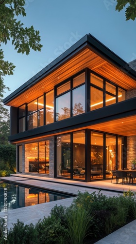 Modern house design surrounded by trees with large windows and outdoor living...