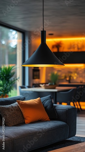 Modern living room with stylish lamp and cozy sofa at dusk