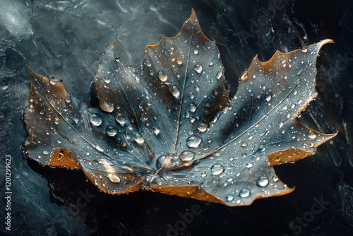 Close-up of a water droplet adorned leaf showcasing autumn colors on a black ...