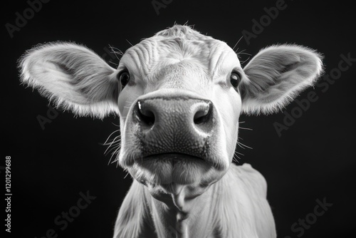 Calf portrait, studio, black background, curious gaze, farm animal photo