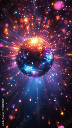 Vibrant disco ball radiates colorful light in a lively dance atmosphere