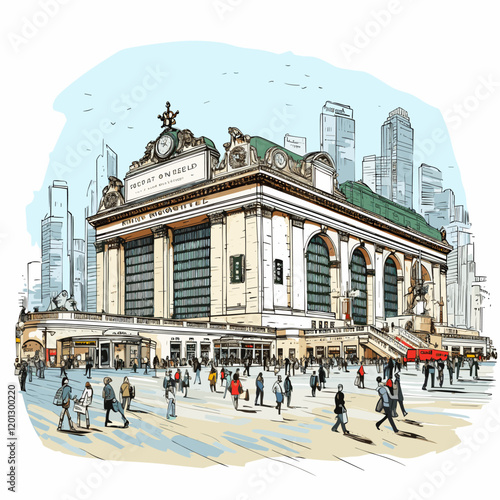 Grand Central Terminal. Grand Central Terminal hand-drawn comic illustration. Vector doodle style cartoon illustration