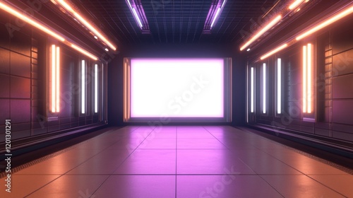 Futuristic Sci Fi Corridor with Neon Lights and Blank Screen Display
