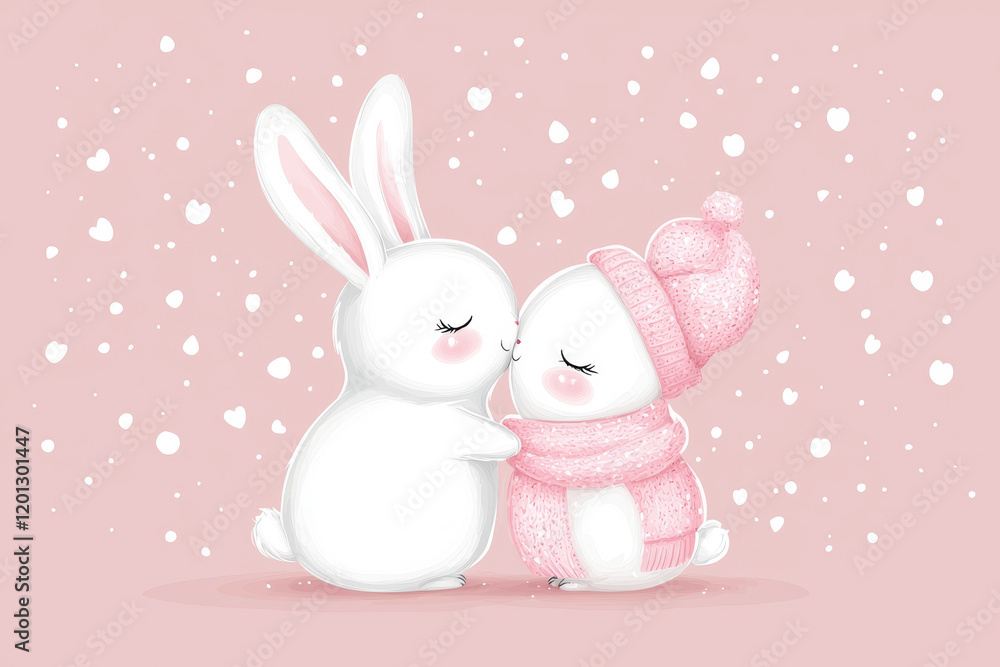 Fototapeta premium Winter's sweet kiss: bunny and snowman embrace.