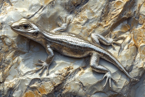 Colorful lizard basking on a rock in natural sunlight, showcasing vibrant tex...