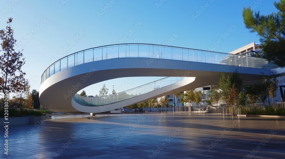 Fototapeta premium Curved pedestrian bridge, modern design, clear sky.