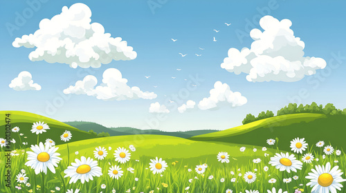Daisies bloom in a sunny green meadow landscape