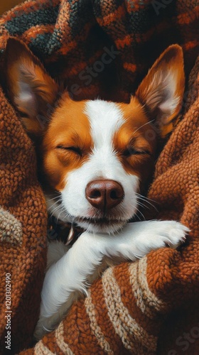 Cozy dog resting peacefully while wrapped in a warm blanket indoors