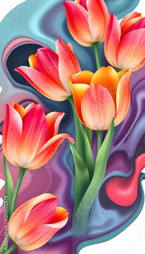 Abstract spring tulips. Luxurious fluid fluid art flowers. AI, clipart style, with white tones