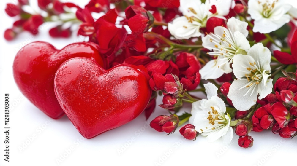 Romantic Arrangement of Red Heart Shapes Surrounded by Vibrant Red and White Flowers Ideal for Celebrating Love, Valentine's Day, or Special Occasions Romantic Arrangement of Red Heart Shapes Surrounded by Vibrant Red and White Flowers Ideal for Celebrating Love, Valentine's Day, or Special Occasions