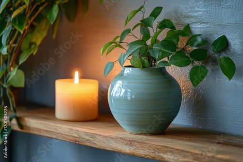 Warm ambiance created by candlelight and green plant on wooden table in cozy ...