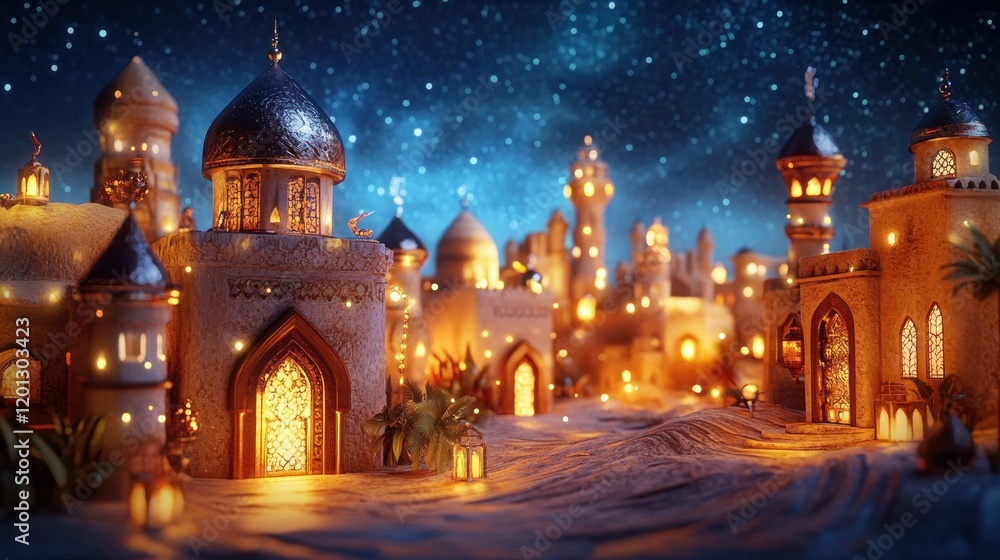 Obraz premium Illuminated Arabian Cityscape Under Starry Night Sky