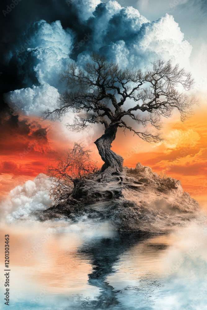 Fototapeta premium A serene landscape where natural elements like water, earth, and air blend seamlessly with abstract poetic symbols and flowing verses,