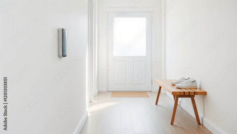 Fototapeta premium Smart Home Entrance. Modern minimalist hallway with wireless control button mounted on white wall, featuring wooden bench and white sneakers.